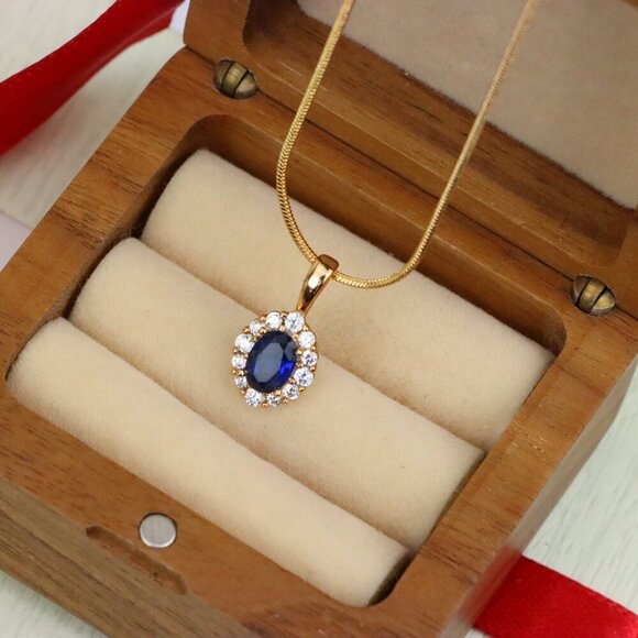 "Royal Blue Oval Pendant with Halo in Gold-Plated Brass Setting, XPPT1815 - Picture 8 of 13